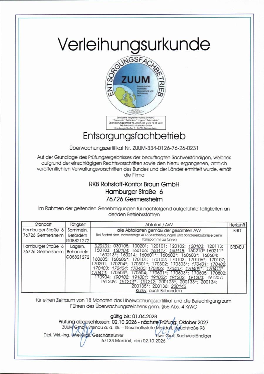 Verleihungsurkunde Entsorgungsfachbetrieb der ZUUM GmbH für die RKB Rohstoff-Kontor Braun GmbH